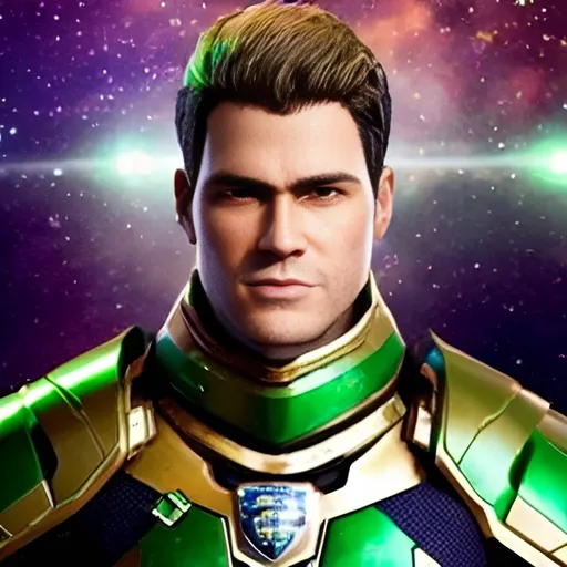 Prompt: a man in his mid-20's, wearing a green armored suit with a starry background, white skin, brown hair, facing towards camera, unreal engine 5 quality render, a character portrait