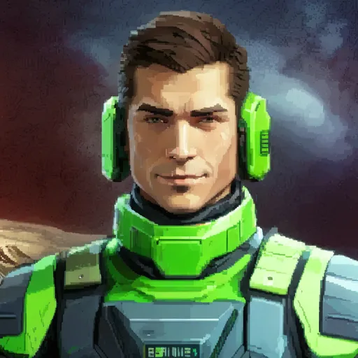 Prompt: Unreal engine 5 quality render of a man in his mid-20's, white skin, brown hair, masculine face, faint smile, wearing green sci-fi military armor against a gray background, body facing directly towards camera