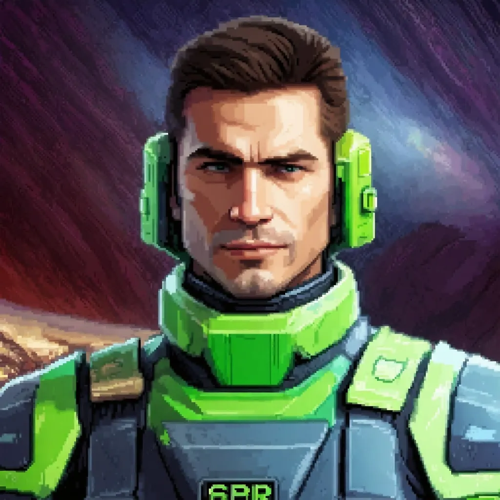 Prompt: a man in his mid-20's, white skin, brown hair, masculine face, faint smile, wearing green sci-fi military armor against a gray background, body facing directly towards camera, unreal engine 5 quality render