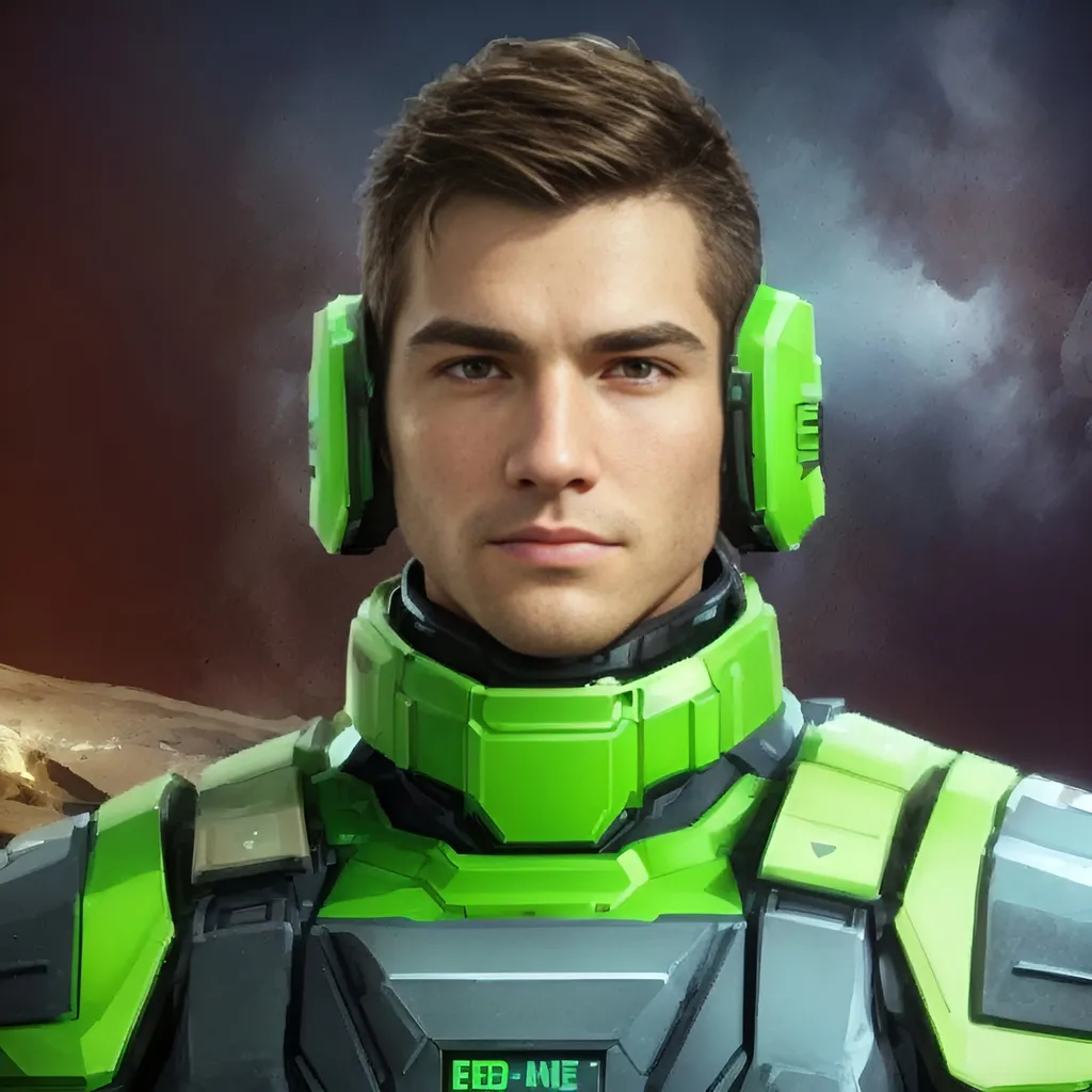 Prompt: Unreal engine 5 quality render of a man in his mid-20's, white skin, brown hair, masculine face, faint smile, wearing green sci-fi military armor against a gray background, body facing directly towards camera