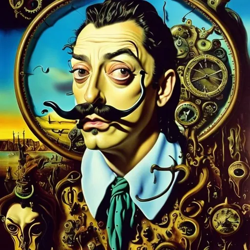 Prompt: Salvador Dali portrait, surrealism, oil painting, melting clocks, iconic mustache, eccentric expression, dreamlike atmosphere, high quality, detailed, surrealism, oil painting, iconic mustache, melting clocks, eccentric expression, dreamlike, vibrant colors, dramatic lighting