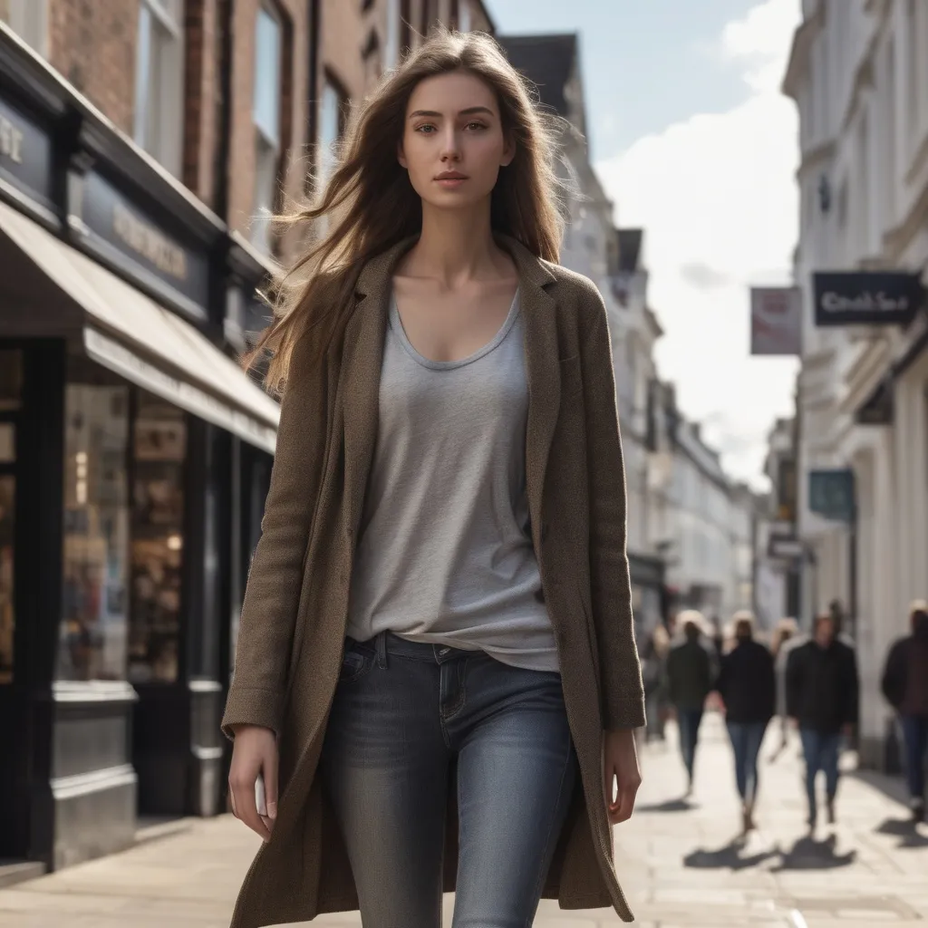 Prompt: Tall young woman walking down the high street, detailed clothing, realistic, natural lighting