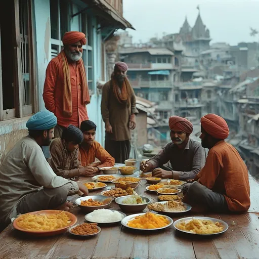 Prompt: a group of people sitting around a table with food on it and a man standing on top of a building, Bikash Bhattacharjee, bengal school of art, vfx, a photocopy