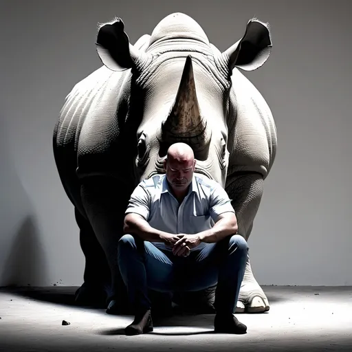 Prompt: A man sit in the white place and look sad and the light is dark and have rhino around him