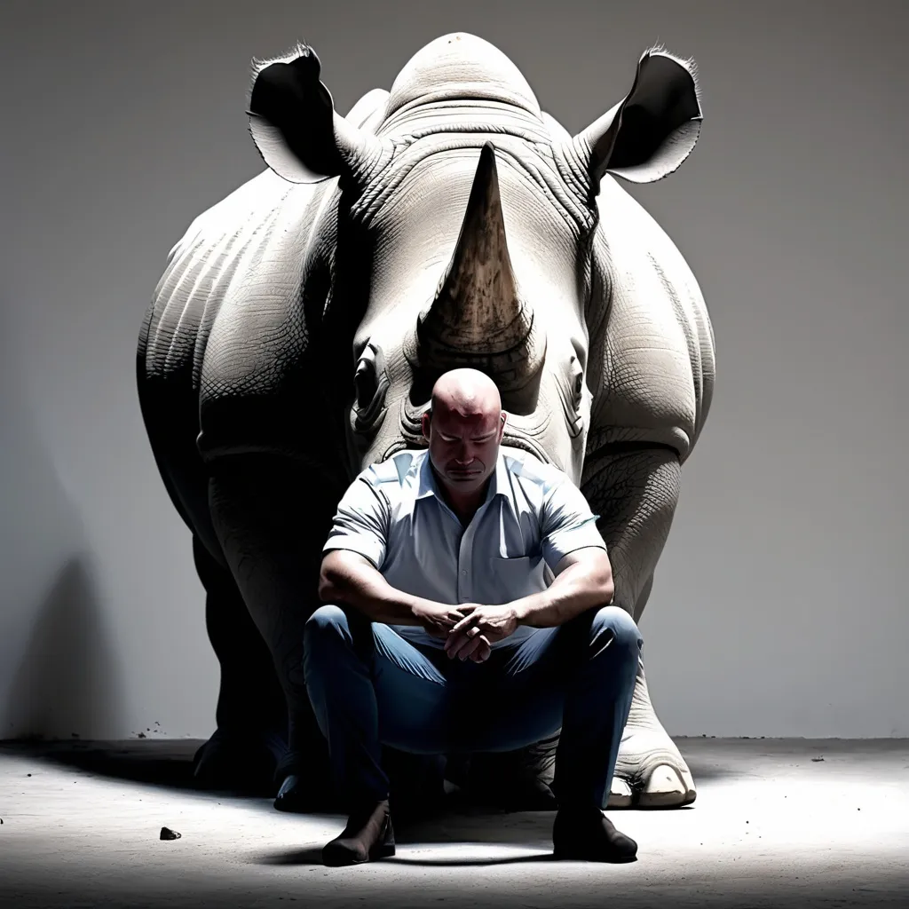 Prompt: A man sit in the white place and look sad and the light is dark and have rhino around him