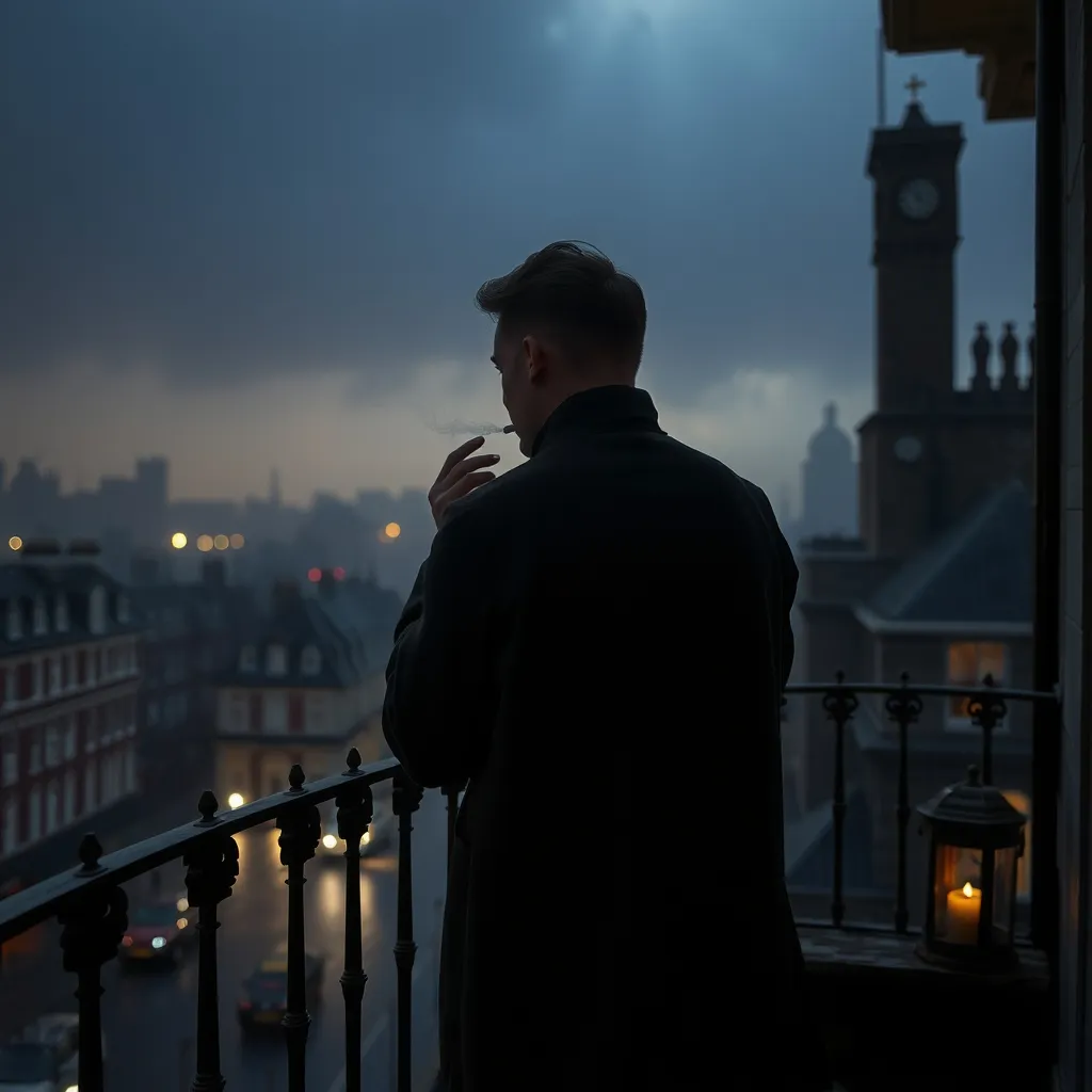 Prompt: Weather is semi foggy and dark 
A young man looking out 1880s london on the balcony of his house on a dark night in the 1880s and smoking
The image is from the angle of the man's back 
