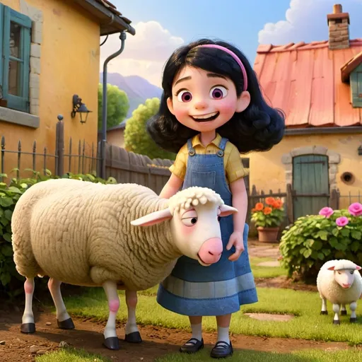 Prompt: Disney style girl black hair with happy smile her face has no eyes only mouth and nose,, playing with one sheep in house garden and her grandmother watering flower