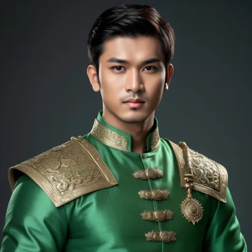 Prompt: He is god who have handsome face He is asia wearing green color medival india suit no background with short hair look like a warrior 