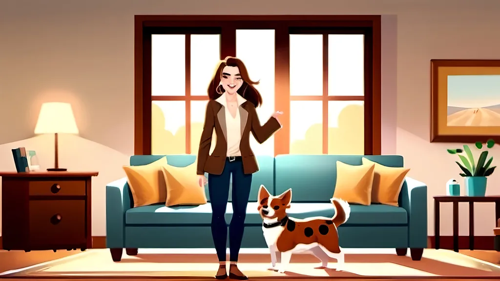 Prompt: make an illustration of a lady in frame head to toe with room around her with brown hair wearing a blazer jacket standing in a large living room with large windows have two pets sitting on the couch behind her