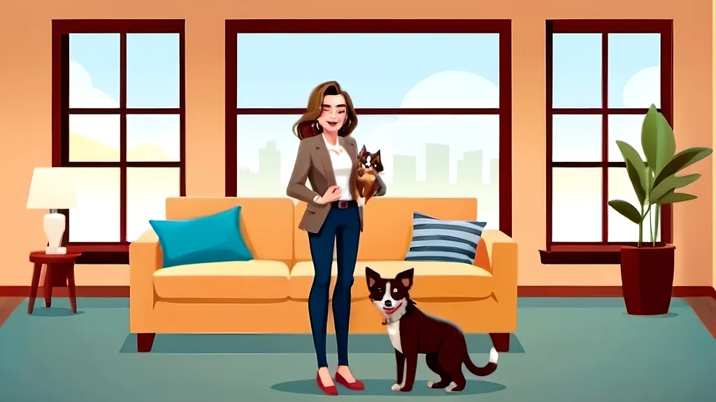 Prompt: make an illustration of a lady in frame head to toe with room around her with brown hair wearing a blazer jacket standing in a large living room with large windows have two pets sitting on the couch behind her