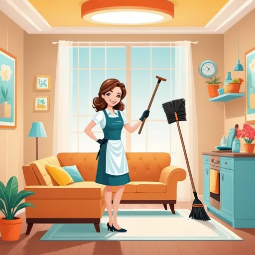 Prompt: make an illustration of a House keeping advertisement with a lady with brown hair with a broom in one had with a clean room in a house behind her