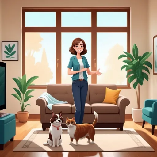 Prompt: make an illustration of a House sitter advertisement with a lady with brown hair standing with a pet on the couch behind her with a clean room in a house behind her