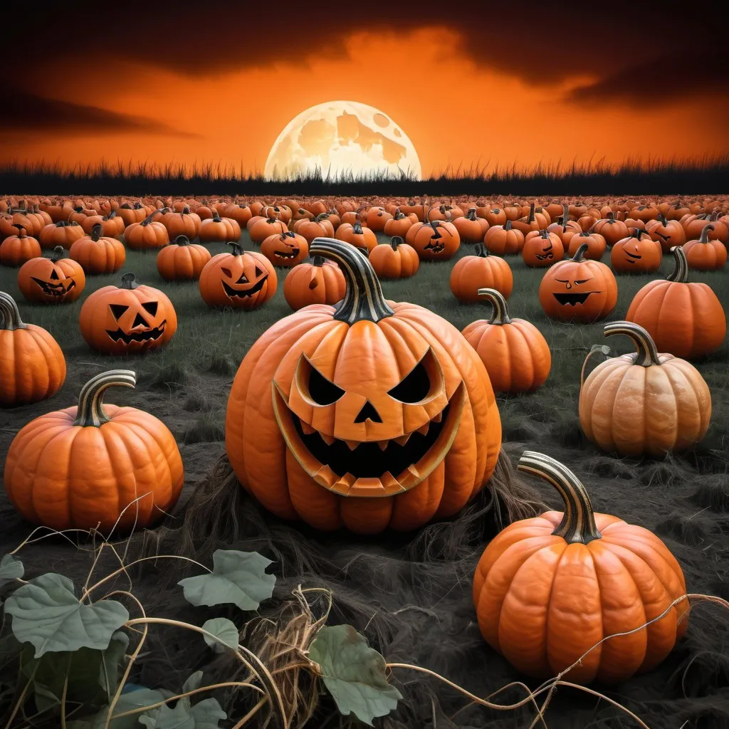 Prompt: a lucky pumkin in a field of scary pumpkins