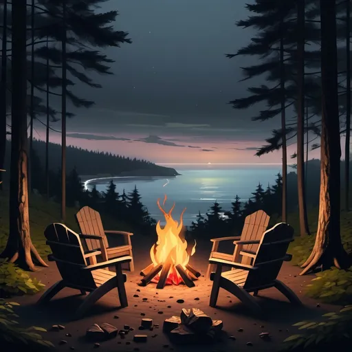 Prompt: a dark  nice quiet forest for relaxation with a small bon fire and a view to the ocean.