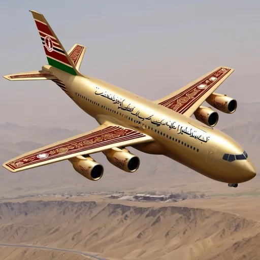 Prompt: Create and airplane from Afghanistan with Afghanistan logos and symbols make it rare and beautiful and make it better than those ones you already created  make a picture not a logo a real plane make it more beautiful with colors and golden stripes and lines 