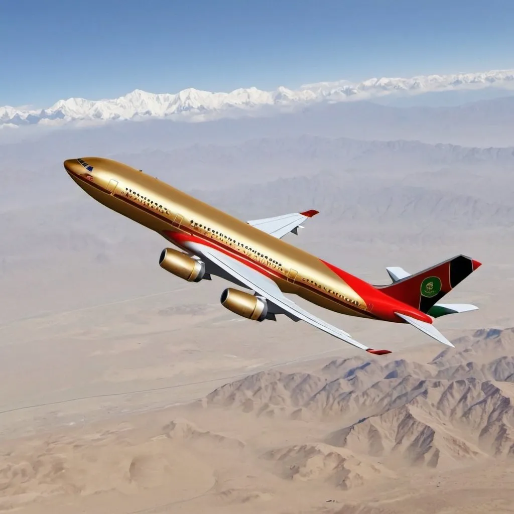 Prompt: Create and airplane from Afghanistan with Afghanistan logos and symbols make it rare and beautiful and make it better than those ones you already created  make a picture not a logo a real plane make it more beautiful with colors and golden stripes and lines 