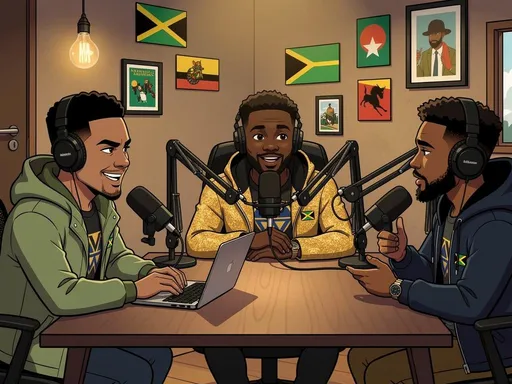 Prompt: A stylized podcast studio set designed for political and social commentary, featuring a modern rectangular or round table with two to four chairs. Cartoon or semi-cartoon characters are seated around the table, actively engaged in conversation. Each character has expressive body language — one leaning forward while speaking, another listening intently, one gesturing with a hand for emphasis — creating a natural, dynamic discussion atmosphere.

The characters represent Jamaican and Caribbean social commentators: confident, serious, and grounded. Facial expressions are expressive but controlled, suitable for political discussion rather than comedy. Clothing blends professionalism with cultural identity — jackets, hoodies, or smart-casual outfits in muted Caribbean-inspired colors such as green, gold, black, navy, and earth tones.

On the table are podcast essentials: microphones on adjustable boom arms, headphones resting beside notebooks or tablets, water bottles or mugs. The setup feels authentic and functional. The room includes acoustic wall panels, soft studio lighting, and subtle Caribbean cultural elements — flags, framed artwork, or minimal decor — without overpowering the scene.

Lighting is warm and cinematic, focused on the speakers, with a slightly darker background to add depth. Camera angle is eye-level, framing all characters clearly as if filming a podcast episode or recording TikTok and YouTube content. The overall mood is serious, conversational, and thoughtful, reflecting discussions about politics, cost of living, crime, governance, and everyday Caribbean life.

Style keywords: podcast studio, cartoon characters, political discussion, social commentary, modern studio lighting, expressive poses, clean outlines, high contrast, TikTok-ready composition.
