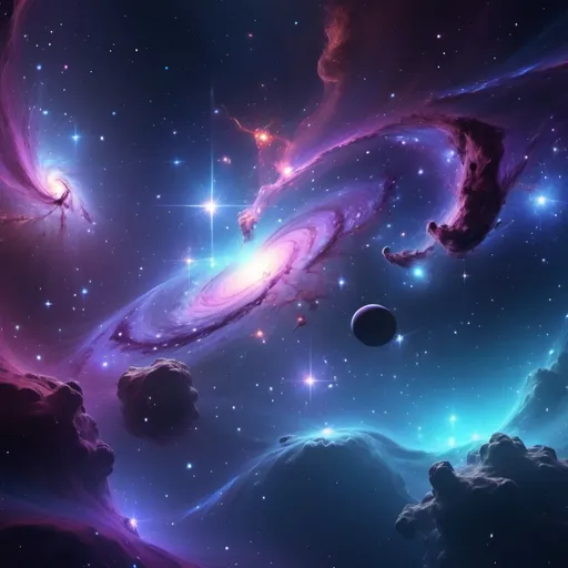 Prompt: (stunning cosmic universe), expansive galaxies, vibrant nebulae, star-studded sky, swirling colors of cool blues and deep purples, glowing celestial bodies, astro phenomena, ethereal light effects, dark void backdrop, (highly detailed), dreamlike atmosphere, (4K quality), infinite depth, creating a sense of wonder and exploration.