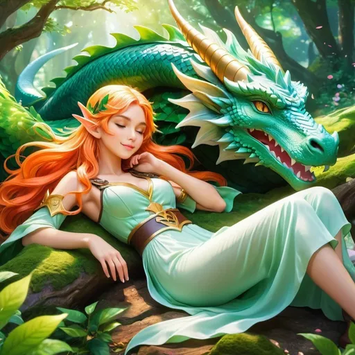 Prompt: Anime illustration of elf woman warrior laying resting on a dragons head sleeping her hair flowing down, beautiful enchanted forest,cute pose,outdoor, colorful, happy and cheerful, vibrant, detailed hair and outfit, high quality, anime, colorful, cheerful, indoor, detailed character design, professional, atmospheric lighting