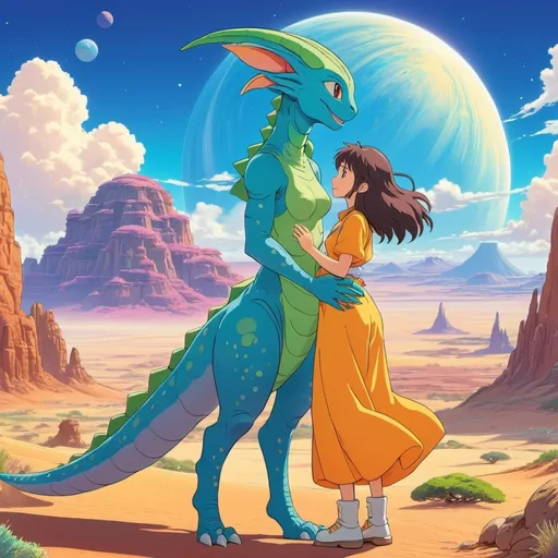 Prompt: 2d studio ghibli anime style, tall alien female monster that carry a beautiful human woman in her arms,they look at eachother,desert planet setting, cute pose,colorful, happy and cheerful, vibrant, detailed hair and outfit, high quality, anime, colorful, cheerful, detailed character design, professional, atmospheric lighting