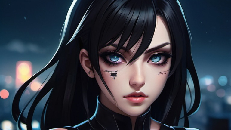 Prompt: Anime illustration of a strong villainess girl detailed,dark hair, detailed eyes, dark makeup,tattooes,tight detailed outfit,intense and focused gaze, city setting, moonlight,atmosperic setting, soft light, dark colors,best quality, highres, ultra-detailed, anime, cool tones, detailed hair, futuristic, professional, atmospheric lighting