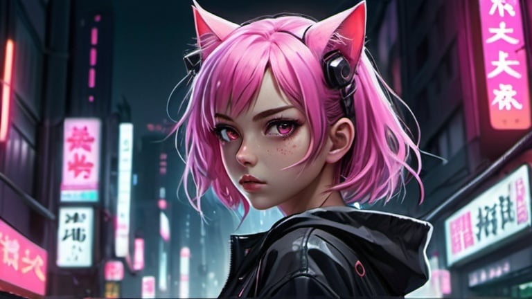 Prompt: Anime illustration of catgirl detailed,pink hair, detailed pink eyes, lingerine,intense and focused gaze, cyberpunk tokyo night setting, streetview, neon lights, dark grey colors,best quality, highres, ultra-detailed, anime, cool tones, detailed hair, futuristic, professional, atmospheric lighting