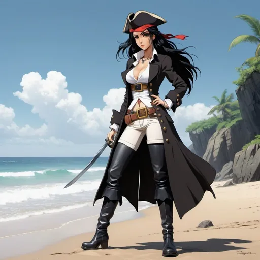 Prompt: 2d studio ghibli anime style,charismatic female pirate buccaneer, long black hair, tan, tall, athletic,muscular physique, wearing a black trenchcoat, pirate cap,white chemisette blouse, black pants, knee-high black leather boots, accessories,tattooes,dark makeup,caribbean beach,anime scene