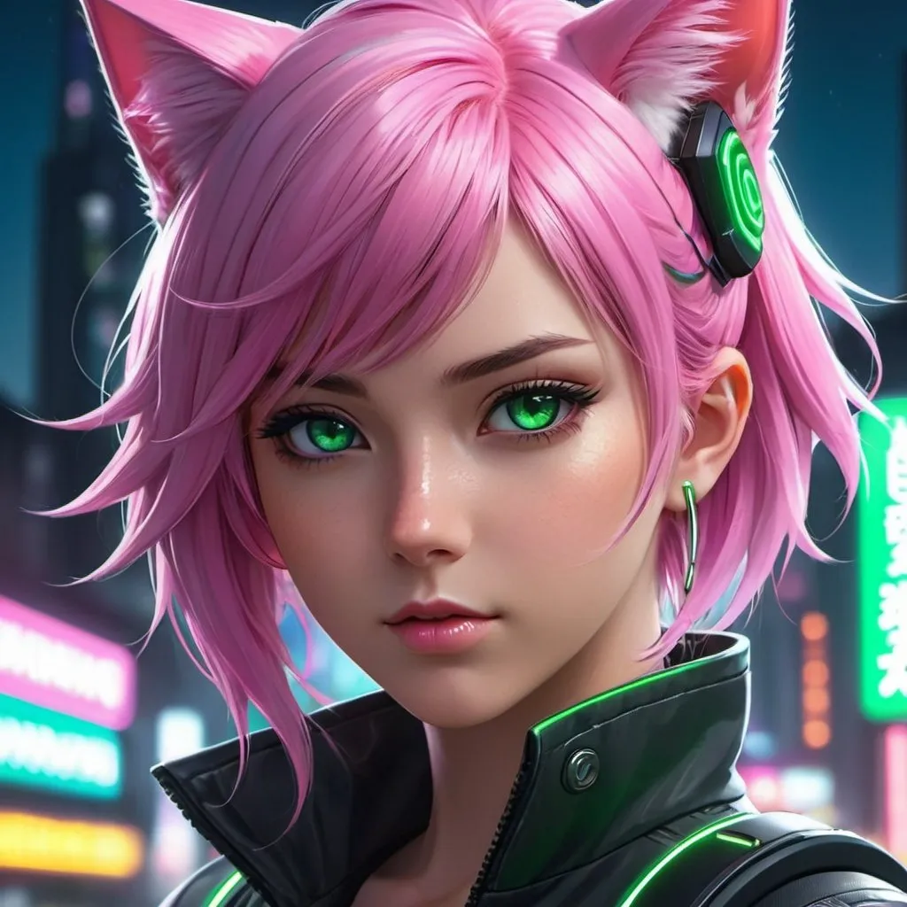 Prompt: Anime illustration closeup of catgirl detailed,pink hair, detailed green eyes,intense and focused gaze, dark cyberpunk city night setting, streetview, neon lights, dark grey colors,best quality, highres, ultra-detailed, anime, cool tones, detailed hair, futuristic, professional, atmospheric lighting