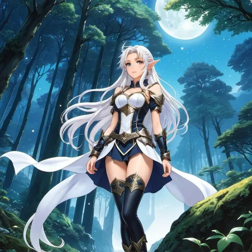 Prompt: 90's anime illustration low-angle; panoramic, zoomed out, full body view anime, back turned to viewer,open wavy hair, white hair, icy eyes, braids, elf woman in elven armour, thigh-high boots,cute aesthetic, dark eyeliner, tinted rosy lips, moonlit enchanted forest,Anime Key Visual, Japanese Manga, Pixiv, Zerochan, Anime art