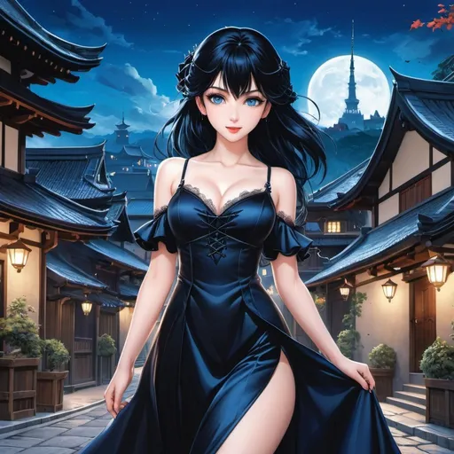 Prompt: 90's anime illustration low-angle; panoramic, zoomed out, full body view beautiful vampire girl,fangs, black hair, vampire fangs showing, pale skin, blue eyes, black elegant dress,dark creepy medieval european village,night full moln,all rendered with (ultra-detailed realism) that emphasizes the (cool tone) of the composition,Anime Key Visual, Japanese Manga, Pixiv, Zerochan, Anime art
