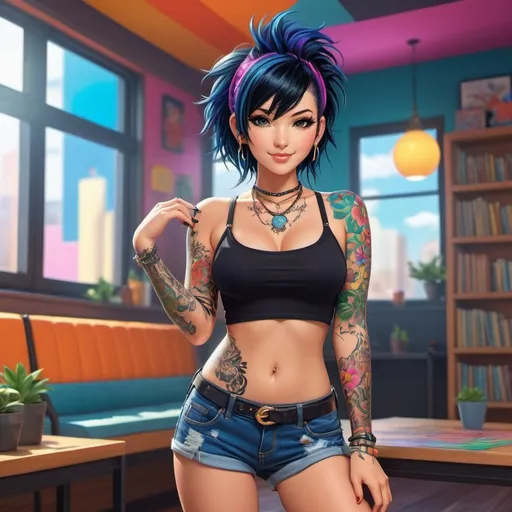 Prompt: Anime illustration cute punk woman,black hair,dark eyeliner,unclothed with full body tattooes,cute pose,indoor, colorful, happy and cheerful, vibrant, detailed hair and outfit, high quality, anime, colorful, cheerful, indoor setting, detailed character design, professional, atmospheric lighting