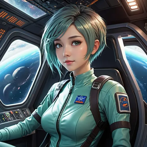 Prompt: anime illustration of very tall beautiful alien female sitting in the cockpit of her spacship,spaceship interior,cute face, detailed background,perfect composition, hyperrealistic, super detailed,short haircut,mohawk,half mohawk, detailed eyes, loving gaze,high-tech gear, casual clothes,stockings,best quality, aliens,shy smile,happy,tentacles,love,horror,slimy,highres, ultra-detailed, anime, cool tones, detailed hair, professional, atmospheric lighting