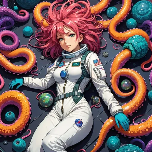 Prompt: Top down view from above Anime illustration one female astronaut with ripped clothes that barely cover her,laying on floor embraced and covered by many large and small colorful tentacles coiled around her body, colorful, looking scared and uncomfortable, vibrant, detailed hair and outfit, high quality, anime, colorful, spaceship setting, detailed character design, professional, atmospheric lighting