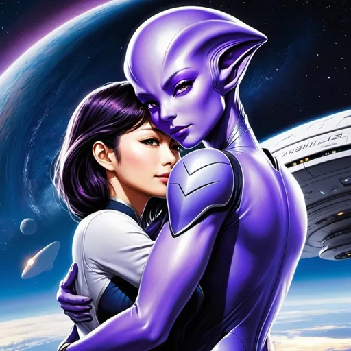 Prompt: A (((tall purple alien female monster))), with a tender expression, carrying a (((beautiful human woman))) in her (((arm’s embrace))), against the backdrop of the iconic Starship Enterprise from Star Trek, as seen in popular anime and manga art styles on Pixiv, Zerochan, and other Japanese image boards