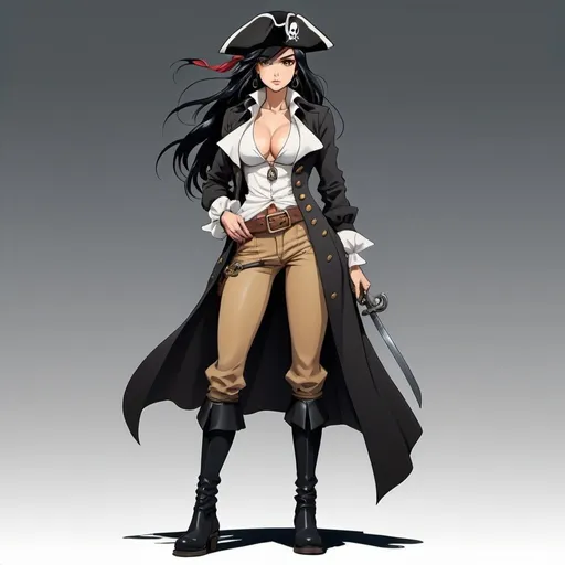 Prompt: 2d studio ghibli anime style,charismatic female pirate buccaneer, long black hair, tan, tall, athletic,muscular physique, wearing a black trenchcoat, pirate cap,white chemisette blouse, black pants, knee-high black leather boots, accessories,tattooes,dark makeup,anime scene