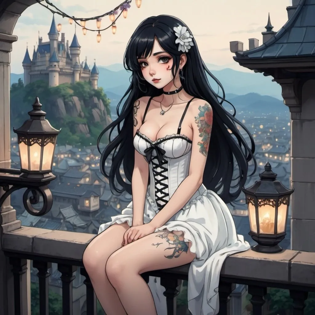 Prompt: 2d studio ghibli anime style,full body view,beautiful woman,sitting on balcony railing,long black hair,hair ribbon,goth makeup,tattooes, wearing white corset-dress,fantasy castle,cute pose,flowers,lanterns,sparkling, showing bum. anime scene