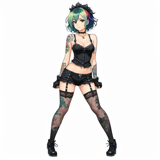 Prompt: 2d studio ghibli anime style, anime scene, cute punk woman,wearing black lace lingerine ,stockings,multicolored hair,dark eyeliner,full body tattooes,cute pose, standing up full body view,white background