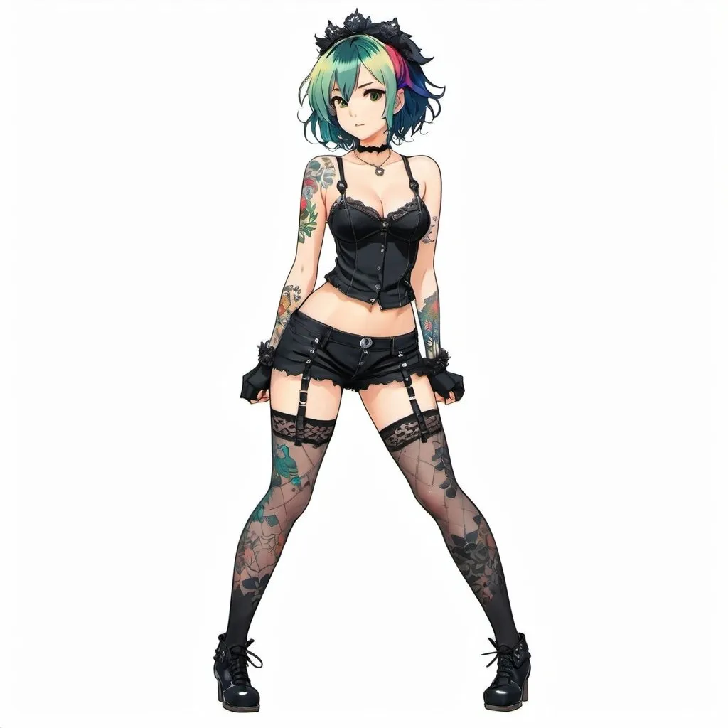 Prompt: 2d studio ghibli anime style, anime scene, cute punk woman,wearing black lace lingerine ,stockings,multicolored hair,dark eyeliner,full body tattooes,cute pose, standing up full body view,white background