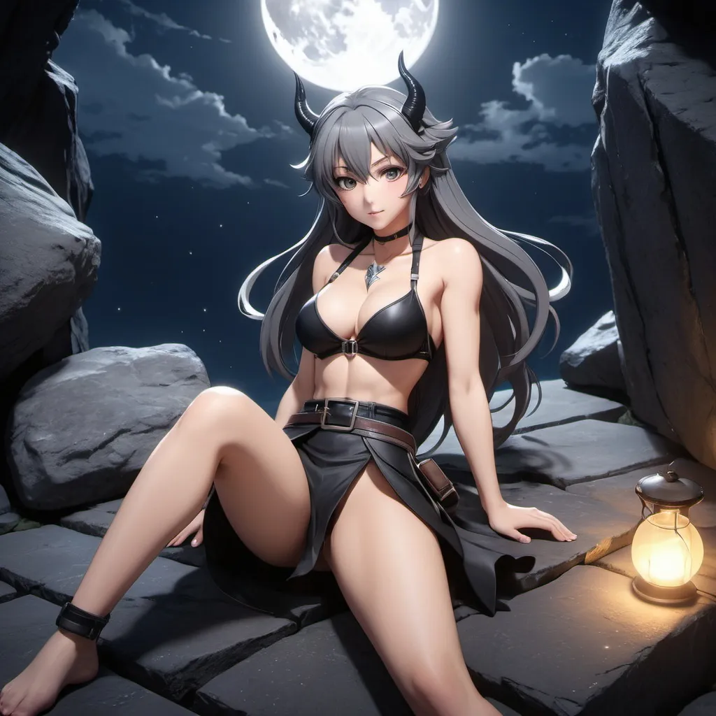 Prompt: full body shot, cinematic shot,birds-eye view,Anime illustration of demon girl sitting down on stone floor,tail,villainess,looking at viewer,facing viewer,legs spread apart,toned,strong,powerful, body,athletic,abs,muscles,detailed,bare feet, belt ,detailed eyes, intense and focused gaze, outdoor setting, moonlight, dark grey colors,best quality, highres, ultra-detailed, anime, cool tones, detailed hair, professional, atmospheric lighting