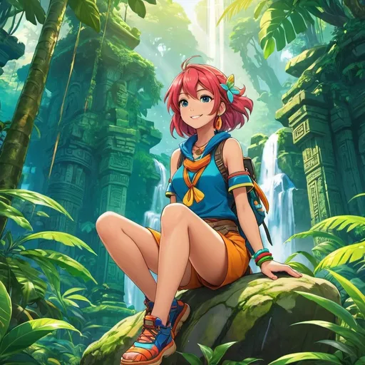 Prompt: full body view Anime illustration one female adventurer sitting on a rock in a ancient jungle temple, colorful, happy and cheerful, vibrant, detailed hair and outfit, high quality, anime, colorful, cheerful, indoor setting, detailed character design, professional, atmospheric lighting