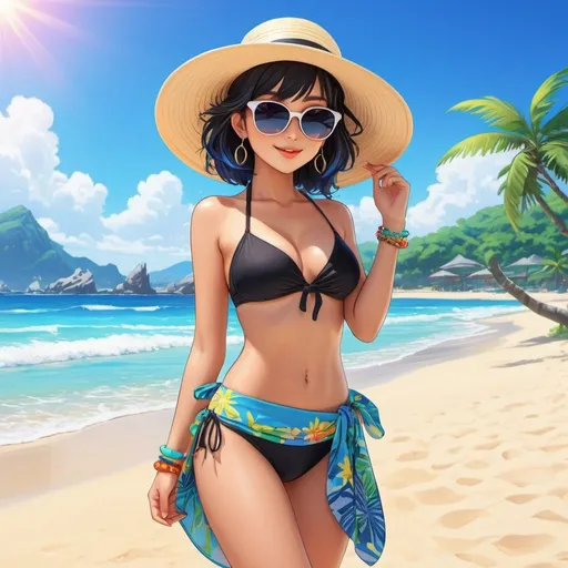 Prompt: Anime illustration cute punk woman,black hair,large sunglasses,sunhat,sarong,swimwear,dark eyeliner, standing on beautiful sunny beach,cute pose,outdoor, colorful, happy and cheerful, vibrant, detailed hair and outfit, high quality, anime, colorful, cheerful, indoor setting, detailed character design, professional, atmospheric lighting