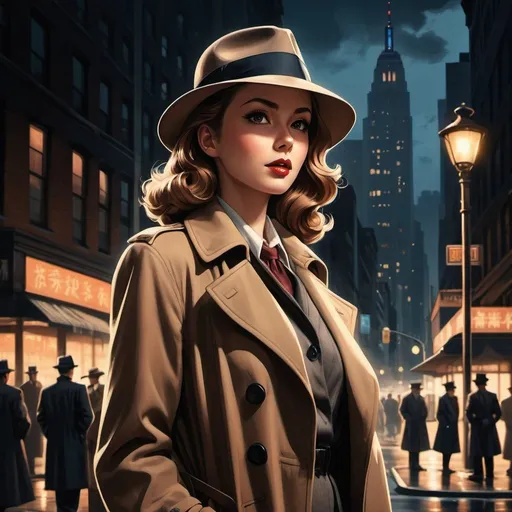 Prompt: Anime illustration 1940s Female detective,fedora,trenchcoat,standing in new york street,film noir, dark colors,best quality, highres, ultra-detailed, anime, cool tones, detailed hair, professional, atmospheric lighting