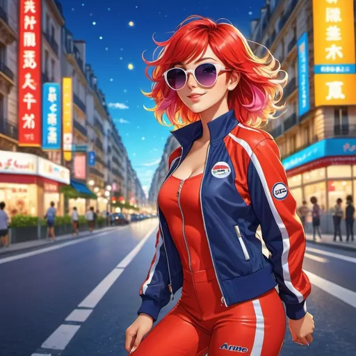 Prompt: Anime illustration of a young, attractive woman,multicolored hair,sunglasses,red racesuit,cute pose,brightly lit road, colorful city lights,parisian street,1970,summertime, happy and cheerful, vibrant, detailed hair and outfit, high quality, anime, colorful, cheerful, urban setting, detailed character design, professional, atmospheric lighting