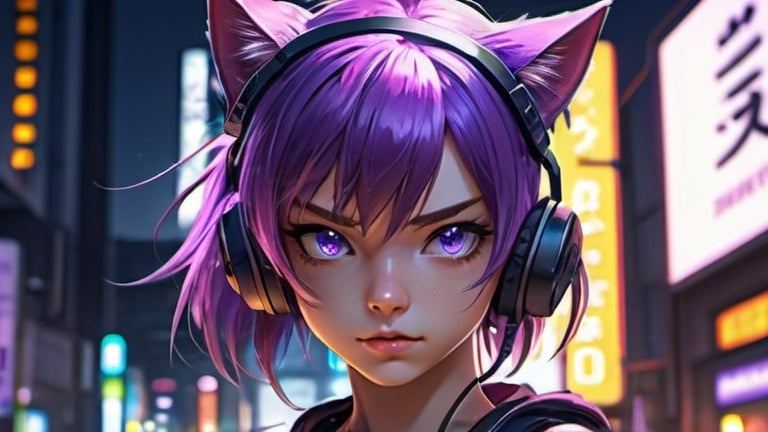 Prompt: Anime illustration of catgirl with purple hair, detailed eyes, high-tech gaming gear, intense and focused gaze, tokyo night setting, neon lights, best quality, highres, ultra-detailed, anime, cool tones, detailed hair, futuristic, professional, atmospheric lighting