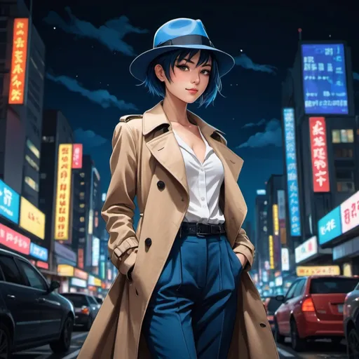 Prompt: An (((Anime illustration))) (((full body shot))) from a low angle featuring a (((beautiful woman))), clad in a sophisticated ((blue fedora hat)), her hands casually resting in her pockets, a (((tailored trenchcoat))), pair of ((matching pants)), elegant high heels, and sleek black boots, all framed against a backdrop of Tokyo's (((night sky))) with its vibrant neon lights and street view, giving off a (professional yet atmospheric) ambiance. The woman exudes a (shy smile) and a focused gaze, with intricate details that draw attention to her (anime-inspired, short haircut mohawk) and half mohawk, complemented by striking, detailed eyes that convey a sense of sophistication and composure