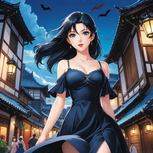 Prompt: 90's anime illustration low-angle; panoramic, zoomed out, full body view beautiful vampire girl flying down street looking for prey,fangs, black hair, vampire fangs showing, pale skin, blue eyes, black elegant dress,dark creepy medieval european village,night full moln,all rendered with (ultra-detailed realism) that emphasizes the (cool tone) of the composition,Anime Key Visual, Japanese Manga, Pixiv, Zerochan, Anime art