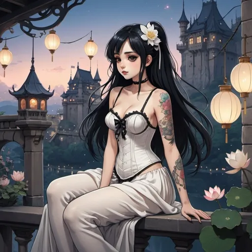 Prompt: 2d studio ghibli anime style,full body view,beautiful woman,sitting on balcony railing,lotus position,long black hair,hair ribbon,goth makeup,tattooes, wearing white corset-dress,fantasy castle,cute pose,flowers,lanterns,sparkling, showing bum. anime scene