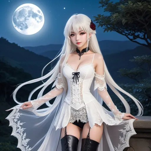 Prompt: A (((beautiful anime vampire girl))) dressed in (((thin, intricate lace clothes))), her hair is (((white))), with flowing locks and long, pointed bangs, accented by elegant (((thigh-high boots))), her complexion is (pale), with delicate details around her eyes, set against a (((duskily lit outdoor scene))) with a (((full moon))) and a (((misty backdrop))), suggesting a sense of mystery and the supernatural