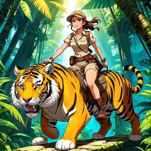 Prompt: full body view Anime illustration one female adventurer indiana jones look,brown hair,ponytail,riding a tiger,ancient jungle temple, colorful, scared, vibrant, detailed hair and outfit, high quality, anime, colorful, cheerful, detailed character design, professional, atmospheric lighting