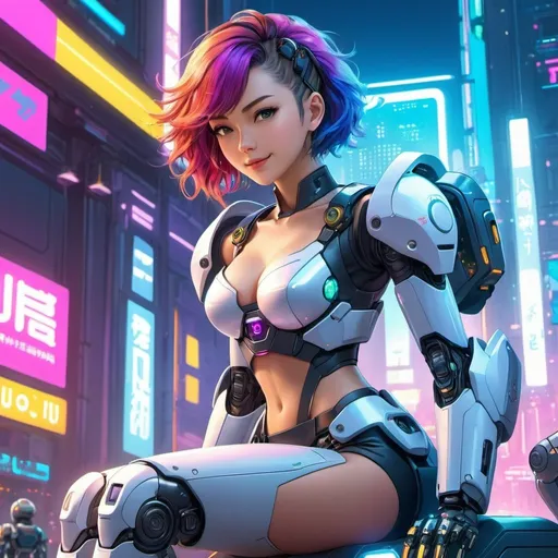 Prompt: Anime illustration of a young, attractive woman,wearing futuristic clothes sitting down with female robot standing behind holding her,mechsuit, cyberpunk setting, colorful lights, happy and cheerful, vibrant, detailed hair and outfit, high quality, anime, colorful, cheerful, urban setting, detailed character design, professional, atmospheric lighting